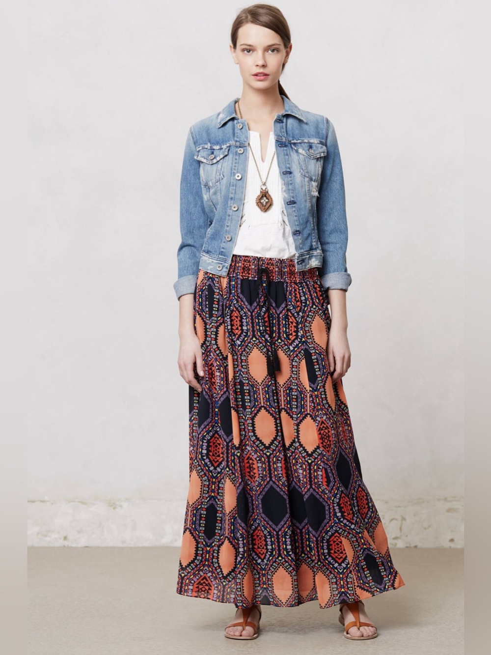 Maeve Anthropologie Boho Hexprint Printed Maxi Skirt‎ Peach Navy Geometric XS